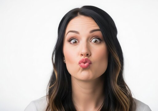 Closeup portrait of a young woman with dark hair making a funny face with puckered lips and wide eyes, isolated on white background