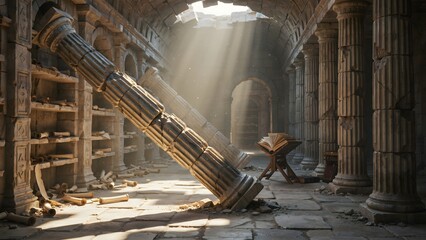 Naklejka premium Historic ancient library with fallen column and sunlight streaming through arched windows
