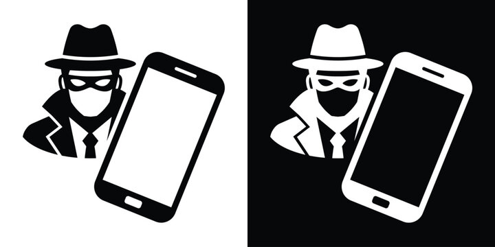Mobile phone security breach vector icon. Spy or hacker tracking a smartphone concept graphic in black and white styles.