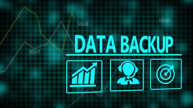 Data Backup business concept on a flashing computer monitor with moving graphs and data.