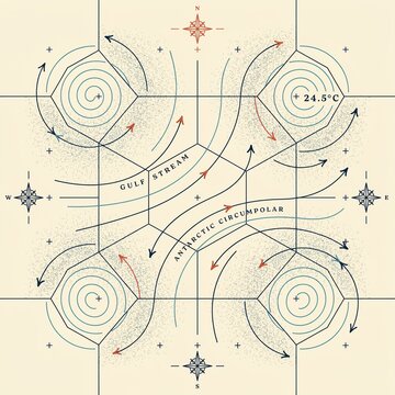 Scientific diagram showing ocean currents like the gulf stream and antarctic circumpolar flow with compass roses on a hexagonal grid, beige background