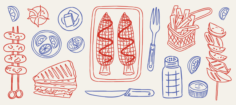 Barbecue Grill Food Elements, Vector Line Art Illustration with Grilled Corn, Sandwich, French Fries, and Kebabs. Minimalist Red and Blue Two Tone Doodle Sketch Outline for Menu Craft.