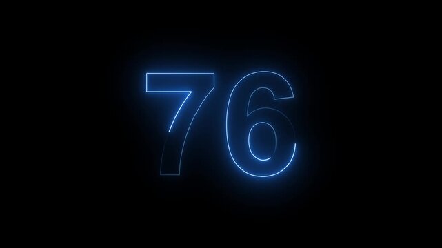 Neon Number 76 Animation with Glowing Electric Light Effect on Dark Background.