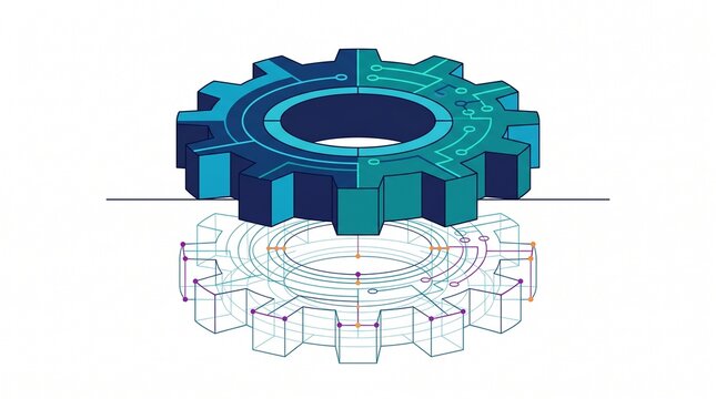 3D isometric illustration of a solid mechanical gear with circuit patterns reflecting as a wireframe blueprint, representing the digital twin concept and reverse engineering