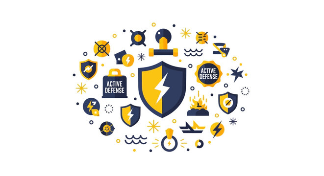 Active Defense Cybersecurity Icon Set with Shield and Lightning Bolt Symbols for Proactive Network Protection and Digital Security Graphics