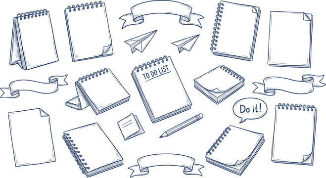 Hand-drawn stationery illustration set featuring notepads, sticky notes, paper airplanes, banners, and motivational doodles