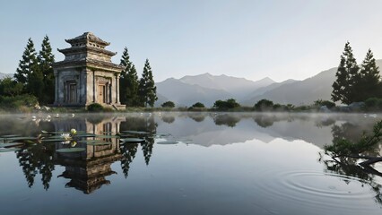 Obraz premium Ancient Chinese Temple by Lake with Mountain View and Fog in Morning