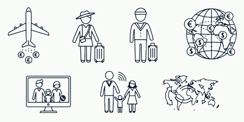 Global travel connection icons set featuring airplane traveler luggage video call family and world map hand drawn vector illustration art design collection for international tourism © Afiya bano
