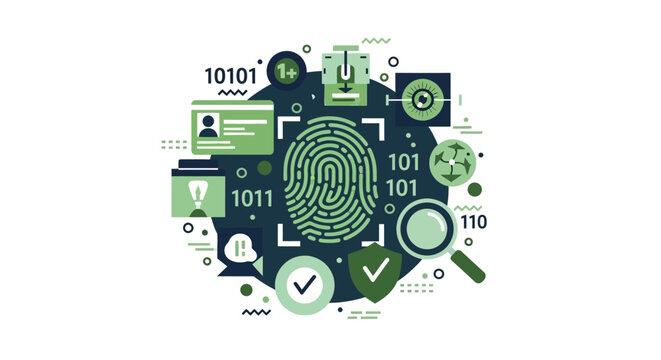 Biometric Digital Identity and Cybersecurity Illustration with Fingerprint, Data Protection Icons, and Binary Code