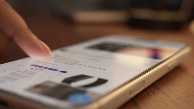 Close-up of a hand scrolling through a social media feed on a smartphone, depicting digital addiction, mindless browsing, and screen dependency in daily life.	