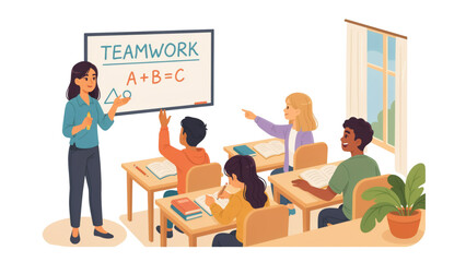 Diverse group of students attentively listening to a teacher in a bright classroom