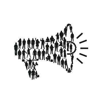 Crowd of people forming a megaphone shape.