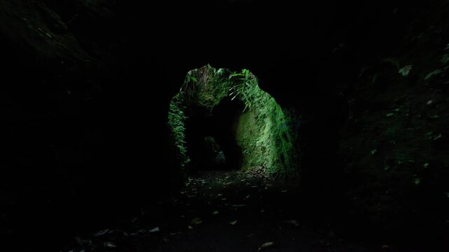 Slow motion move through Ubud Bali jungle caves. Location: Ubud, Bali. Camera tracks forwards / dolly in slow motion through the caves. Vegetation, and light seep through the dark. Cinematic. 