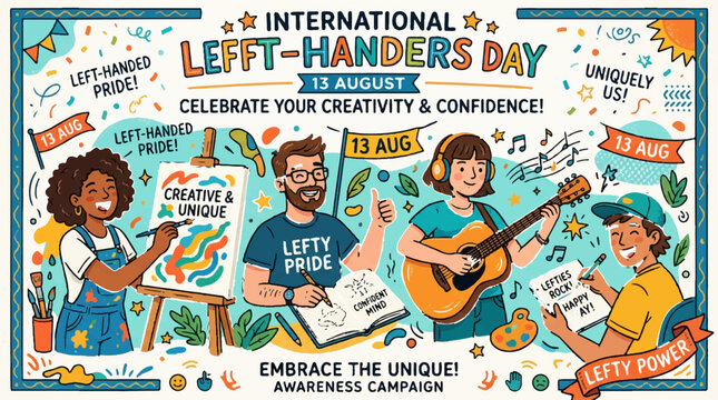 International Left-Handers Day, celebrate creativity, left-handed people, awareness campaign, vector illustration