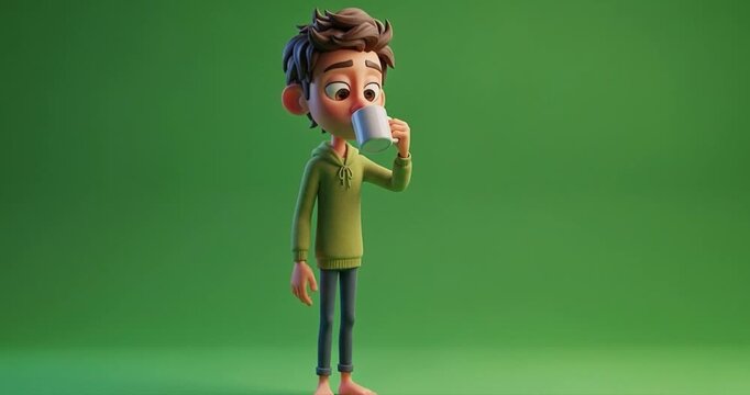 Animated character drinking from mug on green background