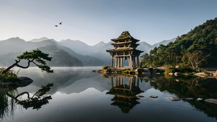 Obraz premium Traditional Chinese Pavilion on Calm Lake with Mountainous Landscape and Reflection