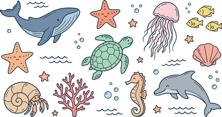 Sea life marine animals vector set with blue whale sea turtle jellyfish dolphin seahorse hermit crab starfish and coral reef elements © SARIFA