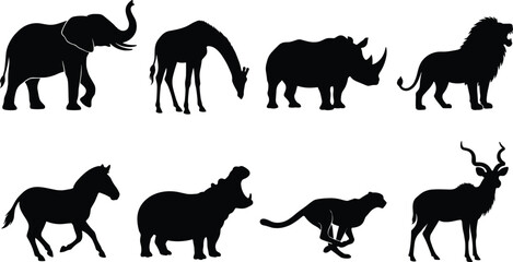 Fototapeta premium Elegant African Wildlife Silhouettes Featuring Elephant, Giraffe, Lion, and Other Safari Animals