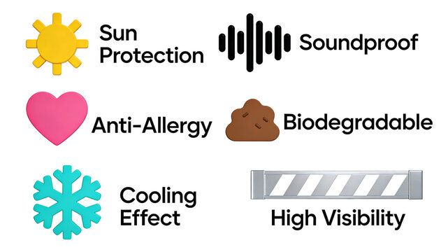 Six 3D material icons represent the concepts of sun protection, sound insulation, anti sensitivity, degradable coolness, and high visibility, suitable for outdoor environmental product labeling.
