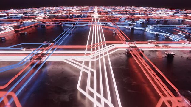 Intricate network of glowing red and blue tubes on a dark, reflective surface