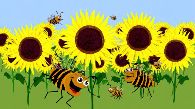Chummy, Cartoon bees happily dancing on vibrant sunflowers in a cheerful outdoor scene.