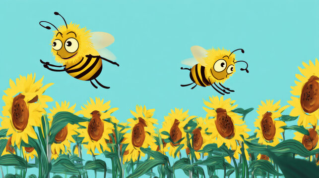 Chummy, Cartoon bees happily dancing on bright sunflowers in a cheerful scene.