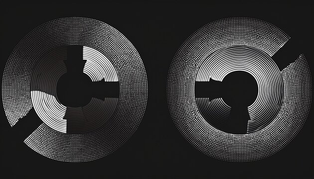 circle abstract background with dynamic halftone dots like arrows black shape on a white background and the same white shape on the black side