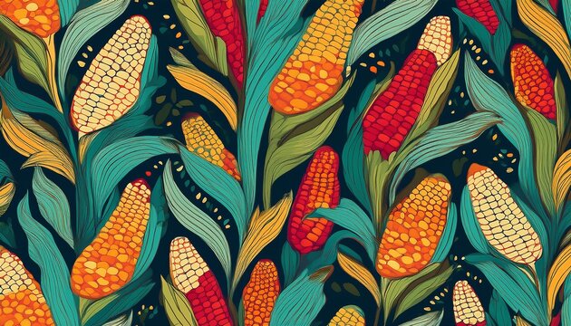 seamless pattern with colorful flat corn background print with garden plant