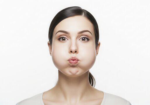 Young woman with dark hair puffing out her cheeks isolated on white background