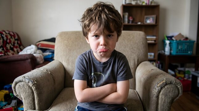 Young boy looking upset while sitting on a chair in a living room  