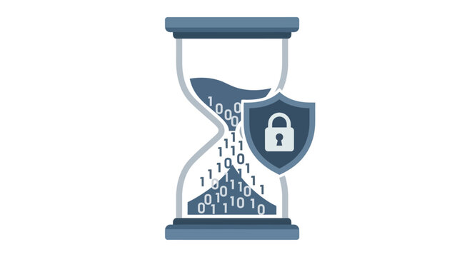 Cyber Security Data Protection Concept: Hourglass with Binary Code and Padlock Shield Illustration