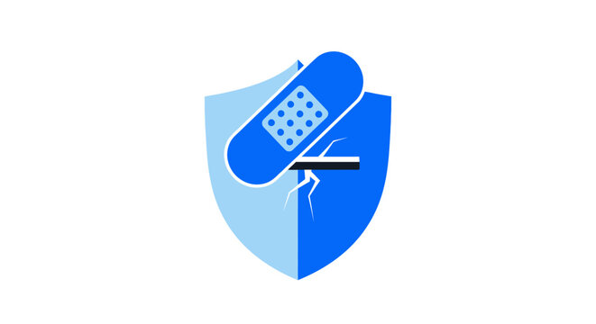 Security Shield with Bandage Patching a Crack: Concept for Software Vulnerability, Cybersecurity Breach Fix, and Temporary System Repair Vector Illustration