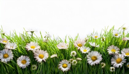 Fototapeta premium a vibrant fresh spring green grass lawn edge border adorned with daisy flowers isolated out against a white background