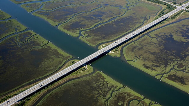Aerial view of a modern highway bridge spanning a wide river and lush green coastal marshlands under a clear blue sky.