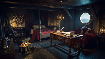 Obraz premium Cozy vintage loft bedroom with wooden furnishings and ambient lighting
