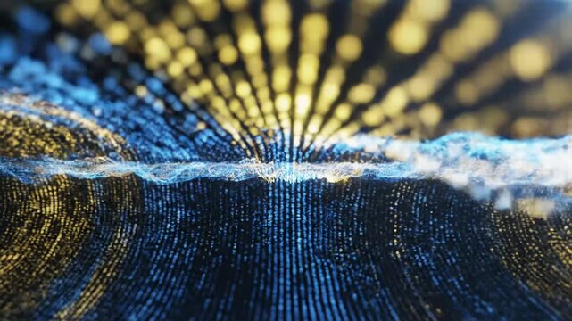 Abstract blue and gold wavy particle data sea.