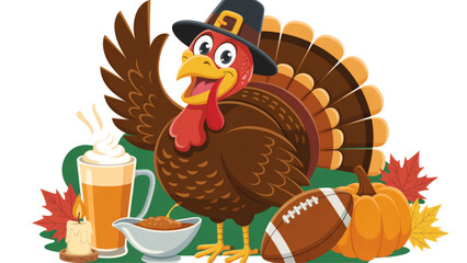 Colorful cartoon turkey with pumpkin and corn illustration for thanksgiving celebration © jayeda
