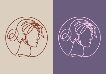 Woman face logo drawn in a continuous line art style, forming a minimalist profile portrait inside an elegant circle, representing beauty and femininity © berkahlineart