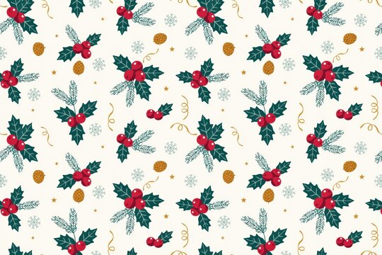Winter holiday seamless pattern with holly berries, pine branches, pinecones, and snowflakes on a light beige background, for festive wrapping