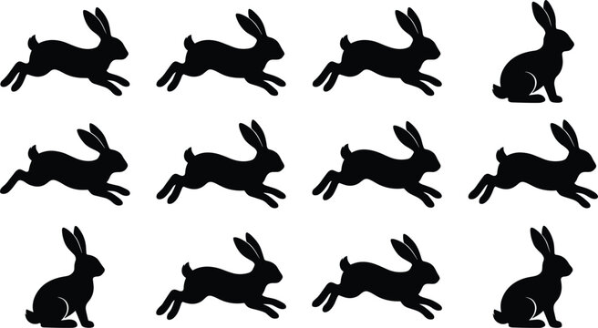 Running and sitting rabbit silhouettes vector set featuring wild hares jumping in various motion positions