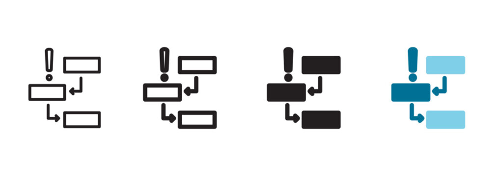FMEA icon with process flowchart steps and exclamation point warning alert representing smart factory failure mode and effects analysis risk management, manufacturing quality compliance, and tech.
