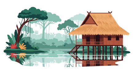 Flat style vector illustration of a traditional stilt house above water river or lake with tropical landscape. Perfect for culture, heritage and village themes © Amie