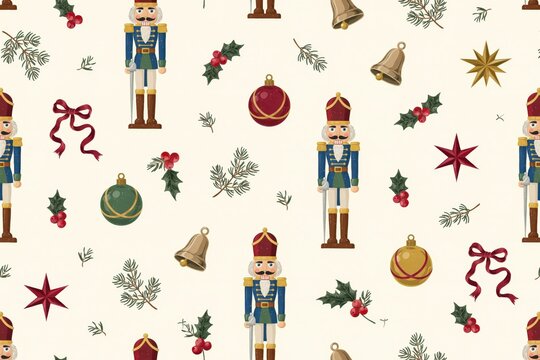 Christmas seamless pattern with nutcracker soldiers, red and green ornaments, golden bells, holly berries, and pine branches on a cream background