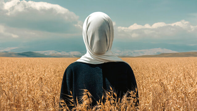 Femme portant un foulard blanc sur la t&ecirc;te dissimulant son visage, dans un champ de bl&eacute;