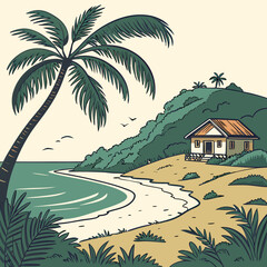 Obraz premium A tropical island with house on the beach and palm tree vector image.