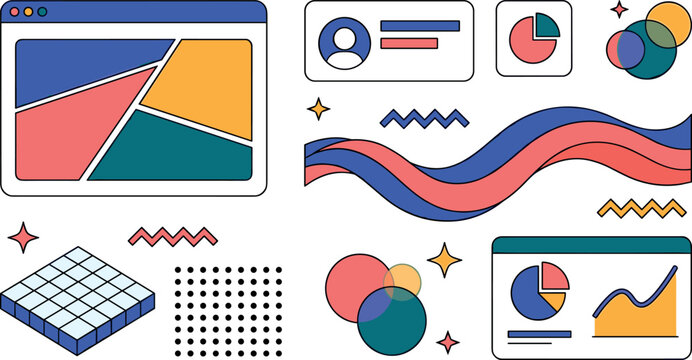 Abstract geometric UI elements vector set with web browser user profile pie charts line graph wavy ribbon and colorful memphis design shapes