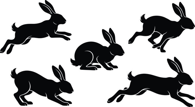 Running rabbit silhouettes vector set featuring wild hares jumping and galloping in different dynamic poses