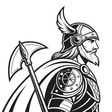 Black and white Tyr Nordic Mythology God Image vector isolated on white background.