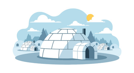 Flat style vector illustration of arctic igloo houses surrounded by snowy landscape. Perfect for winter, travel, education and geography concepts © Amie