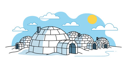 Flat style vector illustration of arctic igloo houses surrounded by snowy landscape. Perfect for winter, travel, education and geography concepts © Amie